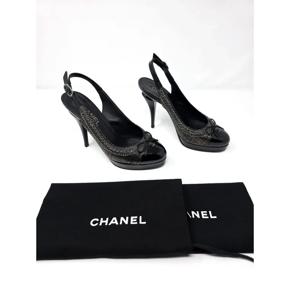 Chanel Slingback Platform Vintage Heels Cap Toe CC Logo Bow Chain Black 36.5 6